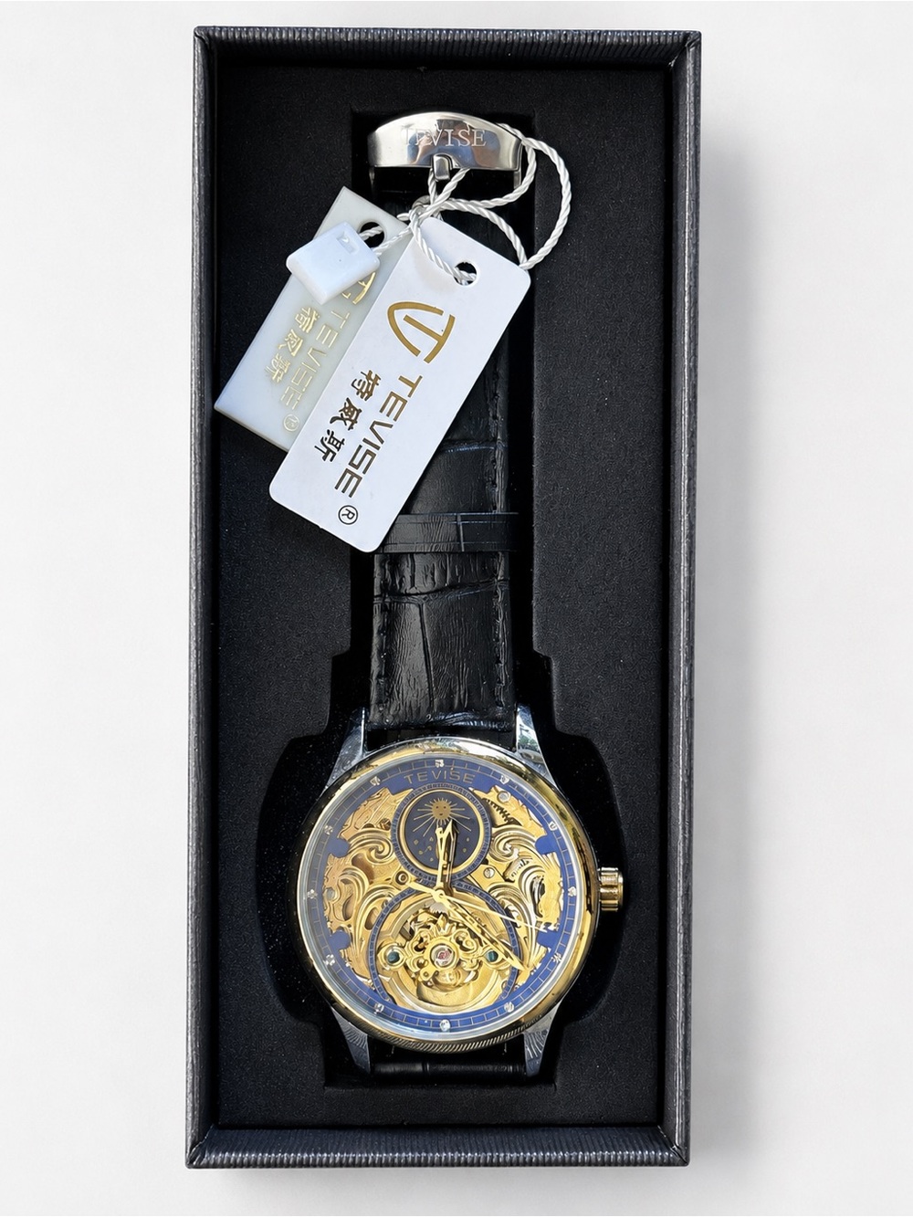 TEVISE T820 Men’s Automatic Skeleton Watch Blue Gold Leather Box Tags